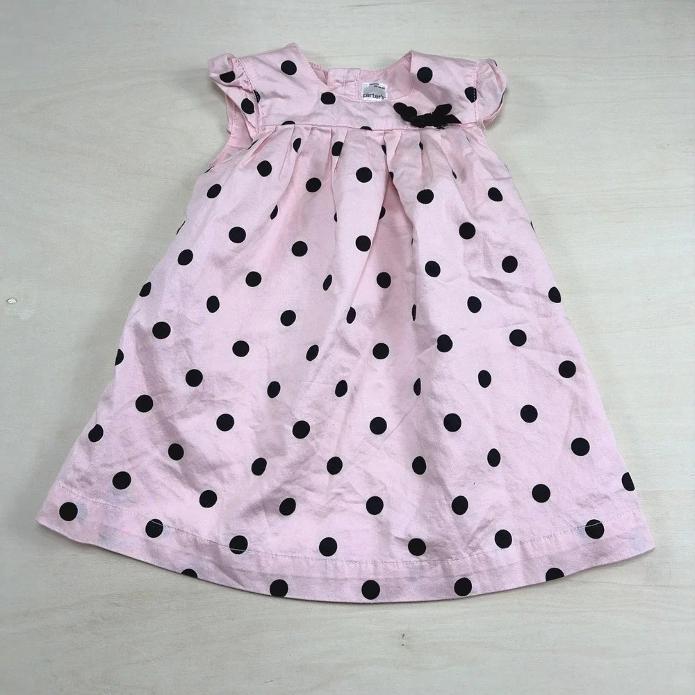 Carter's Baby Girl Pink Polka Dot Sleeveless Dress 12M Black Bow CXP400-431